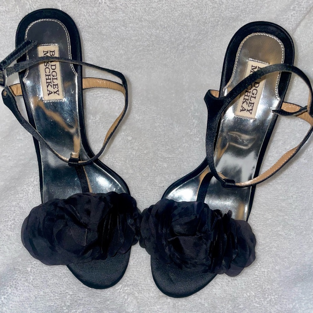 Badgley Mischka Black Satin Floral Formal Wedding Wedge Heels Size 9 New